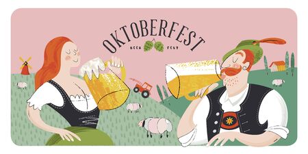 Poster beer festival Oktoberfest. A girl and a man in German national clothes drink beer on the background of a rural landscape. Vector hand drawn illustration with flat textures.のイラスト素材