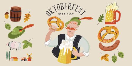 Oktoberfest. Beer festival in Germany. Vector flat illustration with textures. A man in a Tyrolean hat drinking beer.のイラスト素材
