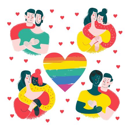 Happy gay and lesbian couples. In the center of the composition the rainbow heart is a symbol of the LGBT community. A set of elements to create a design on the theme of LGBT.のイラスト素材