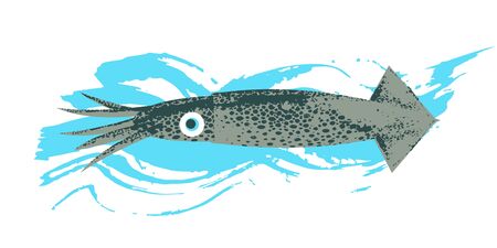 Marine life. Seafood. Kalmar. Vector illustration on white background with blue texture wave. Illustration with unique hand drawn texture.のイラスト素材