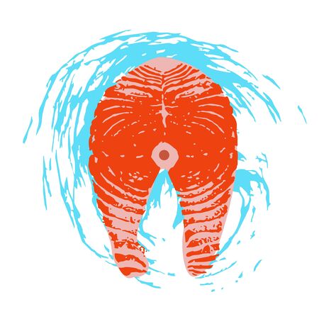 Seafood. Salmon steak. Vector illustration on white background with blue texture wave. Illustration with unique hand drawn texture.のイラスト素材