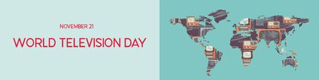 November 21 is world television day. Vector illustration, poster, greeting card, banner. Vintage and modern TVs on Earth map.のイラスト素材