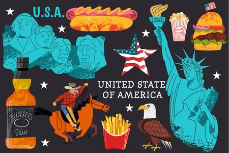 USA. Advertising poster, postcard. Great collection of items, attractions, traditions, Souvenirs and food of America. Vector illustration on black background with hand drawn vector textures.のイラスト素材