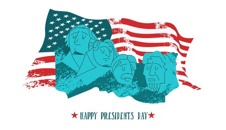 Happy presidents day. Vector illustration, greeting card. Monument on mount Rushmore in the United States containing sculptural portraits of four U.S. presidents: George Washington, Thomas Jefferson, Theodore Roosevelt and Abraham Lincoln. On the background of the American flag.のイラスト素材