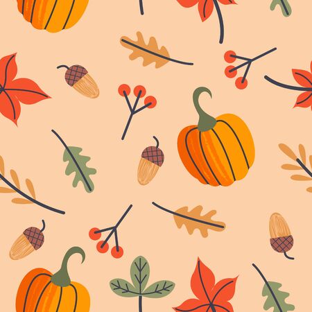 Seamless pattern for day of thanksgiving. A congratulatory banner. Autumn leaves, orange pumpkins, berries and acorns. Vector illustration.のイラスト素材