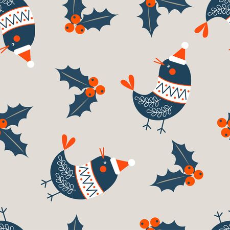 Seamless Christmas winter pattern on light background. Cute birds dressed in a warm sweater. Vector illustration for seamless printing on textiles, paper.のイラスト素材