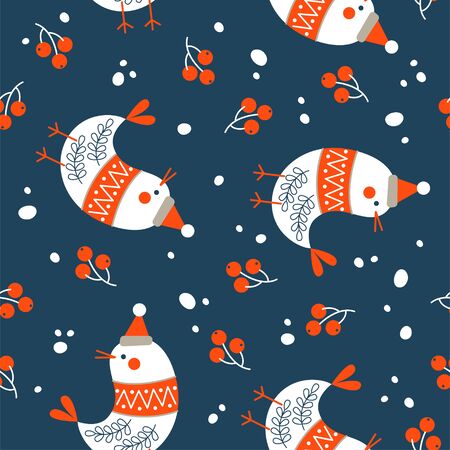 Seamless Christmas winter pattern on blue background. Cute birds dressed in a warm sweater and a hat. Vector illustration for seamless printing on textiles, paper.のイラスト素材