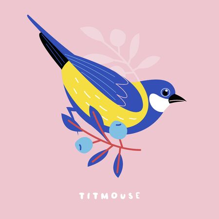Cute postcard with birds, blueberries and flowers, berries and leaves. Vector illustration.のイラスト素材