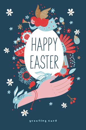 Vector template for holiday greeting cards. Spring design. happy Easter. Painted Easter egg in hand. Vector illustration on a blue background.のイラスト素材