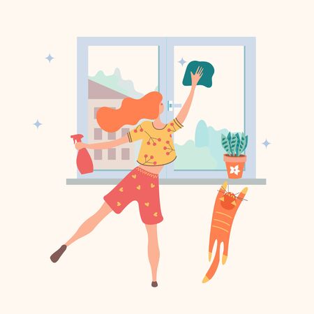 Homework. Cute girl washes the window. There is a flower pot on the windowsill. A red cat tries to climb on the windowsill. Vector illustration.のイラスト素材