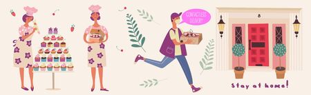 Concept of contactless delivery during the covid19 pandemic. The girl bakes and decorates homemade...