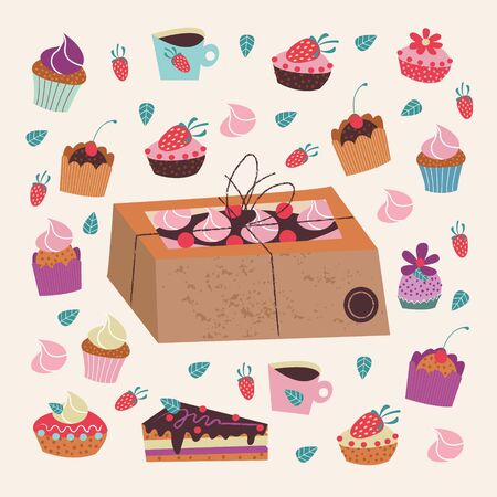Kraft box with a cake. A large set of delicious and beautiful cakes. Vector illustration on a light background.のイラスト素材