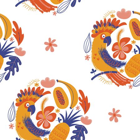 Exotic seamless pattern. Cockatoo parrots and bright tropical flowers and fruits. Vector illustration in a minimalistic styleのイラスト素材