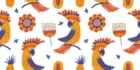 Seamless pattern. Colorful Cockatoo parrots among minimalistic flowers. Vector illustration on a white background.のイラスト素材