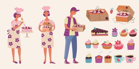 Confectionery. Cute female pastry chef decorates the cake. The courier holds a box with a cake. Vector illustration.のイラスト素材