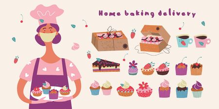 Home baking delivery. Female pastry chef in a medical mask. Set of vector beautiful and delicious cakes and pies. Vector illustration.のイラスト素材
