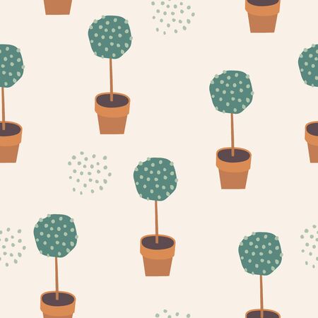 Cute seamless pattern with potted trees. Vector cartoon illustration on a light background.のイラスト素材