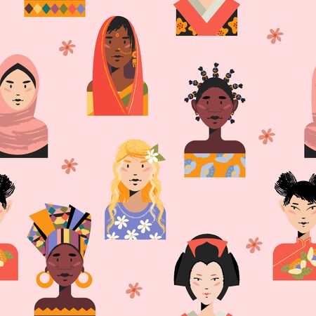 Seamless pattern on a light pink background. Portraits of very beautiful women of different races...