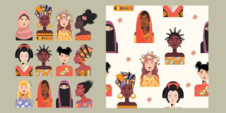A set of female portraits of women of different Nations. Seamless pattern with women of different skin colors, different nationalities, faiths. Vector illustration.のイラスト素材