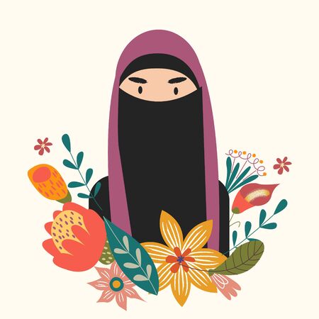 Female portrait with flowers. Beautiful Muslim girl in niqab. Vector illustrationのイラスト素材