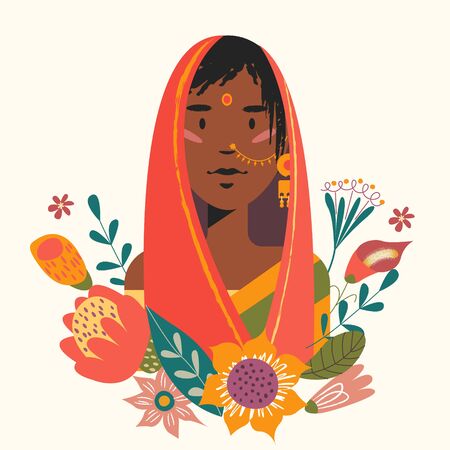 Female portrait with flowers. Beautiful Indian girl in a red scarf. Vector illustration.のイラスト素材