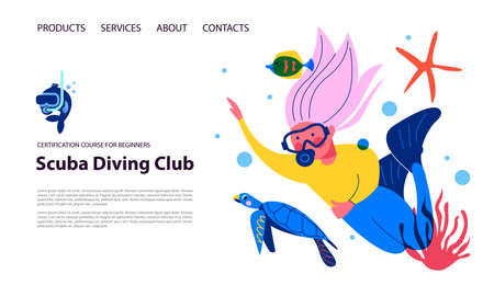 Diving, extreme sports. Girl diver among exotic marine life and tropical fish.のイラスト素材