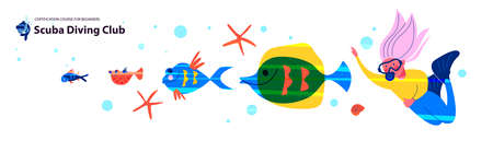 Diving, extreme sports. Girl diver among exotic marine life and tropical fish.のイラスト素材