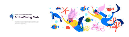 Diving, extreme sports. Girl diver among exotic marine life and tropical fish.のイラスト素材
