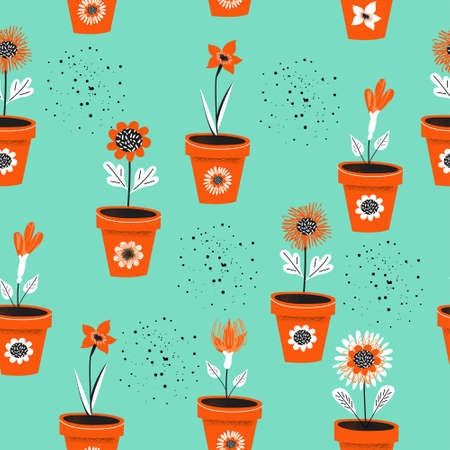 Seamless pattern on a blue background. Flower pots with seedlings. Vector illustration. Seasonal work in the garden.の写真素材