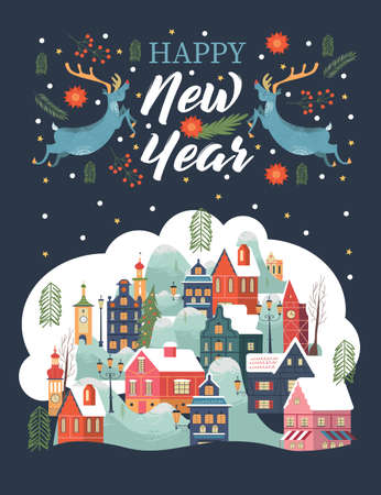 Happy new year. A small snow-covered town at night. Two Christmas reindeer. Vector greeting card.のイラスト素材