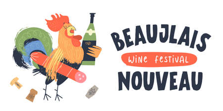 Beaujolais Nouveau, a festival of new wine in France. A cock with salami under his arm holds a bottle of wine. Vector illustration, poster, invitation.のイラスト素材