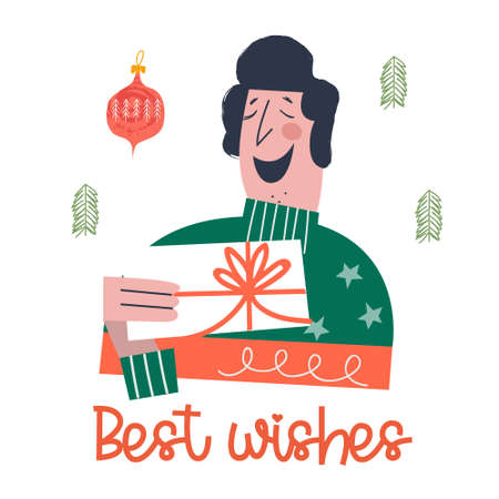 A happy person reads a Christmas greeting card. Best wishes. Vector illustration in cartoon style on a white background.のイラスト素材