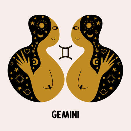 Gemini. Zodiac sign. Two girls are twins. Astrologer icon. Constellation of Gemini. Vector illustration in a flat style.のイラスト素材