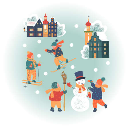Snowy day in cozy christmas town. Winter christmas village day landscape. Children make a snowman, go skiing. Children play outside in winter. Vector illustration, greeting cardのイラスト素材