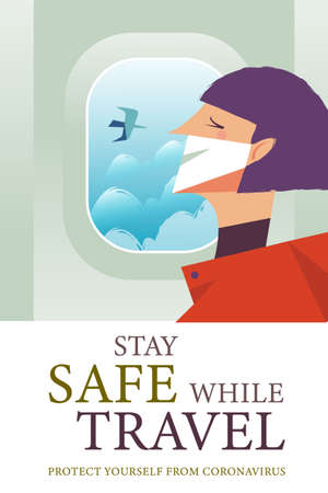 Stay safe while traveling. Vector poster encouraging people to wear masks. A girl in a medical mask is flying on a plane.のイラスト素材