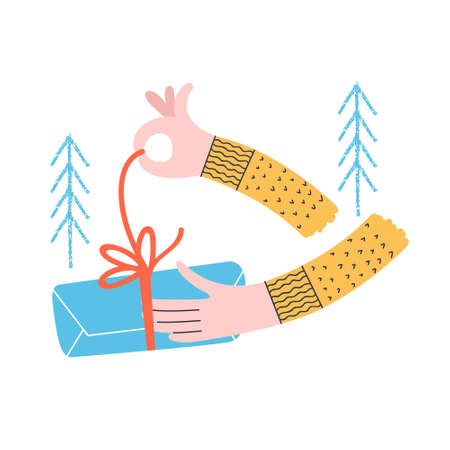 A man opens a Christmas gift. Vector funny illustration, concise Christmas card.のイラスト素材