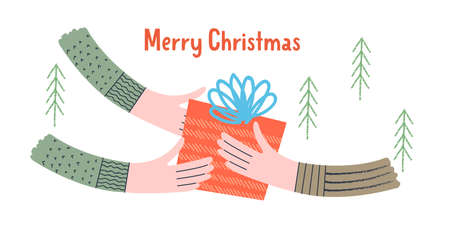 Merry Christmas. The gift in his hands. Giving a gift. Vector illustration in flat style. Greeting card on a white background.のイラスト素材