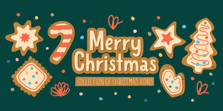 Merry Christmas. A set of vector elements. Christmas cookies with icing sugar. Greeting banner, greeting card.のイラスト素材