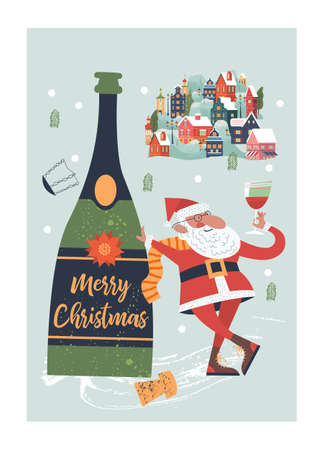 Santa toasting a wine glasses. A small cozy snow covered town. New year and Christmas. Vector christmas card.のイラスト素材