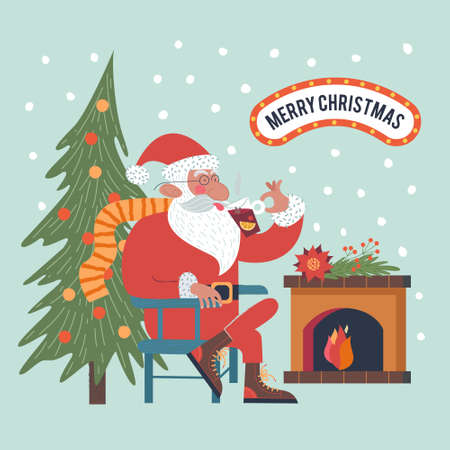 Santa is sitting by the fireplace drinking mulled wine. Snow falls quietly. A small cozy snow covered town. New year and Christmas. Vector christmas card.のイラスト素材