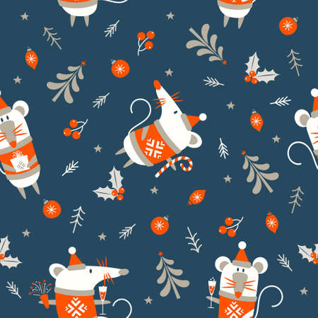 Seamless Christmas pattern on dark blue background. Year of the mouse. White mouse and Christmas decor. Vector illustration.のイラスト素材