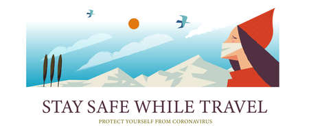 Stay safe while traveling. Vector poster encouraging people to wear masks. A beautiful girl in a...