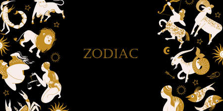 The signs of the zodiac, cosmic, esoteric symbols on a black background. Golden zodiac sign elements on a black background. Vector illustration.のイラスト素材