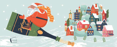 Merry Christmas. Santa Claus is flying a bottle of champagne over a small town. Vector illustration, greeting card.のイラスト素材