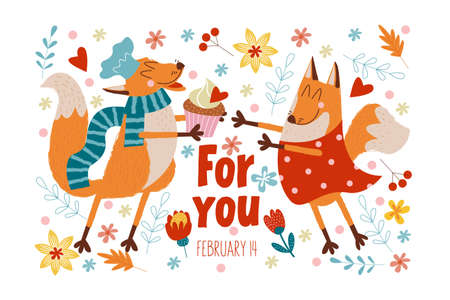 Happy Valentine's day. Vector cute greeting card with foxes in love. The Fox made a delicious cake Valentine's day care for his beloved friend.のイラスト素材