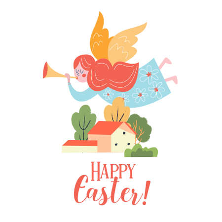 Happy Easter. Vector Easter greeting card, illustration. A cute trumpeting angel flies over the house.のイラスト素材