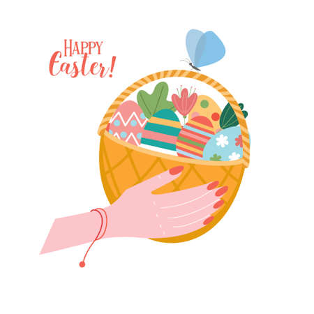 Happy Easter. Wicker basket with Easter colored eggs. Vector illustration on a white background.のイラスト素材