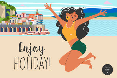 A cheerful girl in a straw hat takes a selfie against the background of a tourist attraction in Italy. Enjoy holiday. Summer vacation. Tourist interesting trips. Vector bright colorful illustration.のイラスト素材