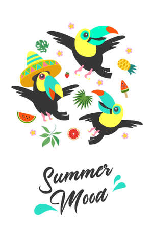 Summer mood. Bright summer vector illustration on a white background, a postcard with funny toucans. Three toucans fly merrily among exotic foliage and juicy fruits.のイラスト素材