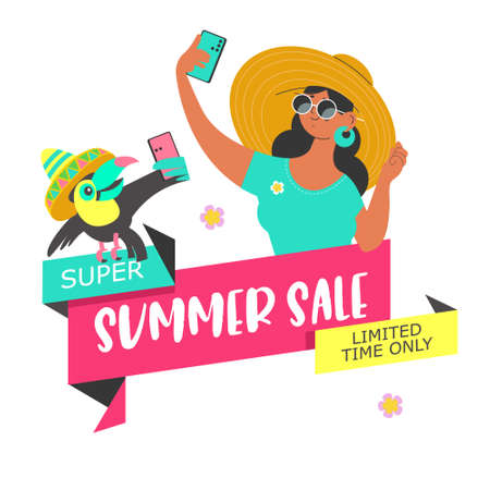 Summer sale. Vector poster, banner in flat cartoon style. A girl and a toucan in straw hats take a selfie. A bright summer illustration.のイラスト素材